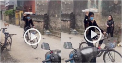 Clip: Người phụ nữ đội mâm cỗ đi xe điêu luyện