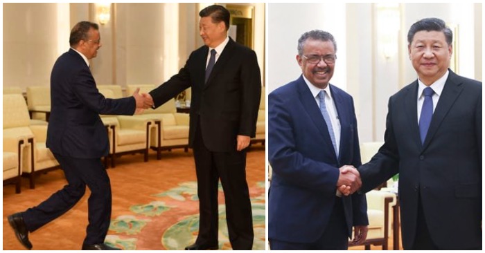 Tổng giám đốc Tedros Adhanom Ghebreyesus vội vàng tới bắt tay Chủ tịch Trung Quốc Tập Cận Bình trong chuyến thăm Bắc Kinh năm 2020 (ảnh chụp màn hình Twitter).