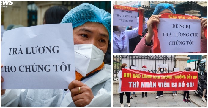 Bệnh viện Tuệ Tĩnh xin Bộ Y tế ứng hơn 10 tỉ để trả lương nợ nhân viên, sau khi hàng chục nhân viên cầm biểu ngữ yêu cầu trả lương (ảnh chụp màn hình VTC/Vietnamnet/VOA).