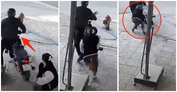 4 tên giàn cảnh cướp xe máy của cô gái bán cà phê (ảnh chụp từ video).