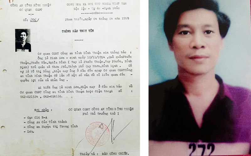 Thông báo truy tìm Lê Minh Sơn năm 1999 (ảnh: PLO).