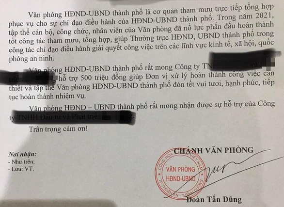 Văn bản "xin tiền" doanh nghiệp của UBND TP Thuận An (ảnh chụp từ Tuổi Trẻ).