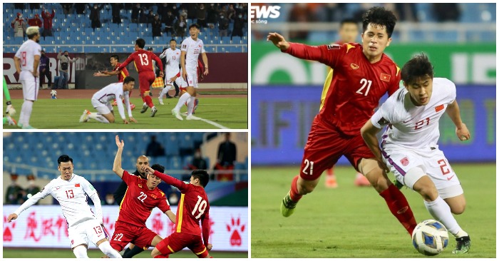 Đội tuyển bóng đá Trung Quốc (áo trắng) trong trận đấu với Việt Nam ngày 1/2/2022 trong vòng loại World Cup 2022