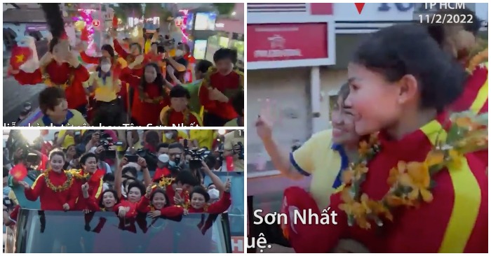 Tuyển nữ Việt Nam diễu hành từ sân bay Tân Sơn Nhất tới phố đi bộ Nguyễn Huệ (TP.HCM) ngày 11/2/2022 (ảnh chụp từ clip).