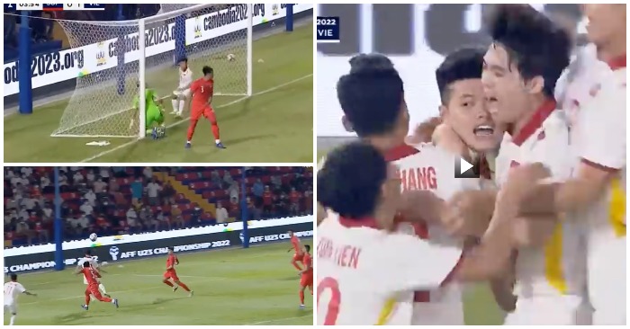 U23 Việt Nam thắng đậm U23 Singapore với tỷ số 7-0 vào tối 19/2/2022 (ảnh chụp từ video).