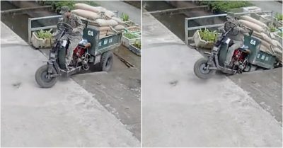 Video: Lùi để quay đầu, xe ba gác chở bao xi-măng sập xuống cống vì quá tải