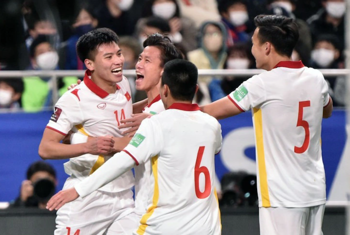 Các cầu thủ đội tuyển Việt Nam trong trận đấu với tuyển Nhật Bản chiều 29/3/2022 