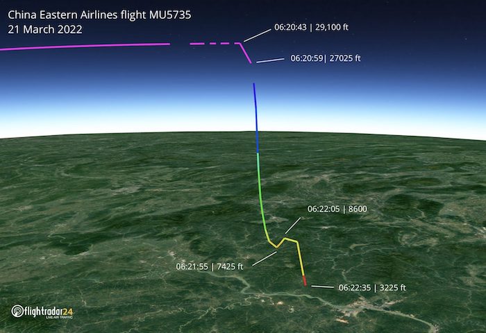 Máy bay Trung Quốc MU5735 rơi từ độ cao gần 8km xuống đất trong vòng 95 giây (ảnh: flightradar24.com).
