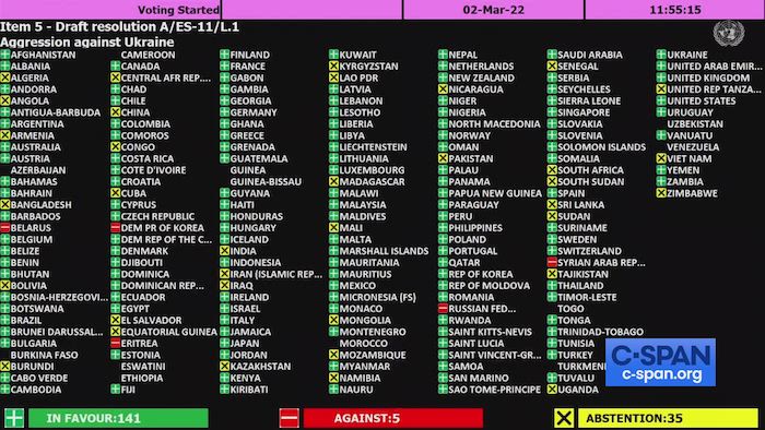 141 quốc gia ủng hộ Nghị quyết lên án Nga xâm lược Ukraine, chỉ có 5 quốc gia phản đối và 35 quốc gia bỏ phiếu trắng (ảnh: Twitter).