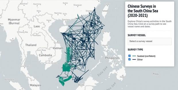 Đường đi của các tàu khảo sát Trung Quốc phủ kín hầu như toàn bộ Biển Đông trong năm 2020-2021 (ảnh: AMTI).