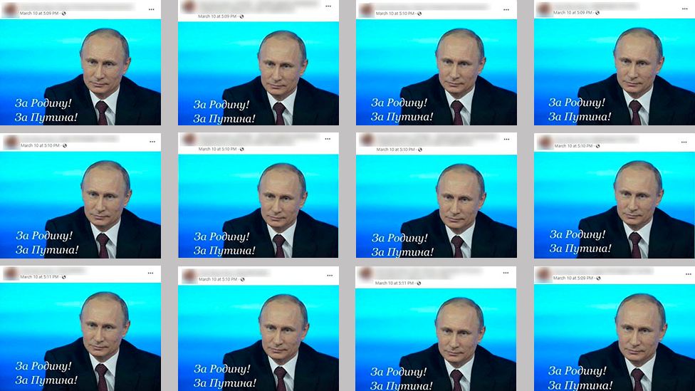 Ảnh chụp màn hình các bài đăng trùng lặp của các fan hâm mộ ông Putin trên Facebook (ảnh: BBC).