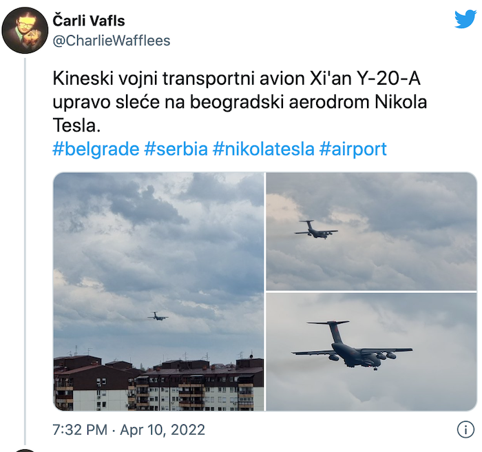 Các máy bay quân sự Y-20 của Trung Quốc bị phát hiện trên bầu trời Belgrade, Serbia (ảnh chup màn hình Twitter).