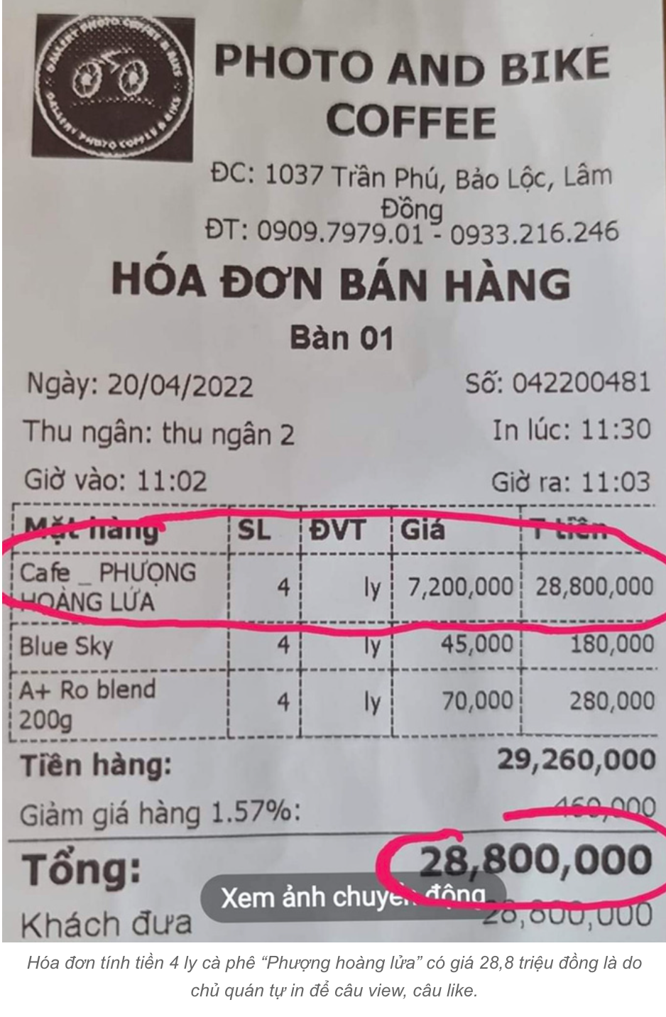 Ly cà phê "Phượng hoàng lửa" giá 7,2 triệu: "Chủ quán tự in hóa đơn để câu like"