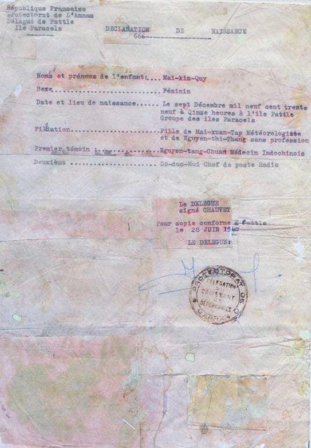 Tời giấy khai sinh năm 1940 được cấp cho bé gái Mai Kim Quy tại đảo Hoàng Sa