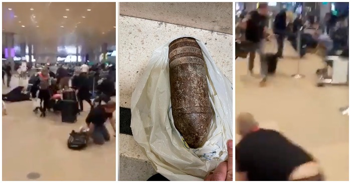 Sân bay Israel náo loạn vì một gia đình người Mỹ mang theo quả đạn pháo chưa phát nổ (ảnh chụp từ clip).