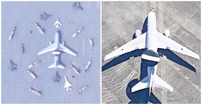 Phát hiện vật thể (bên trái) ở Tân Cương, Trung Quốc giống với máy bay E-767 của Nhật Bản (bên phải). Giới quan sát cho rằng khả năng Trung Quốc đang dùng mô hình này để huấn luyện tấn công máy bay Nhật Bản.