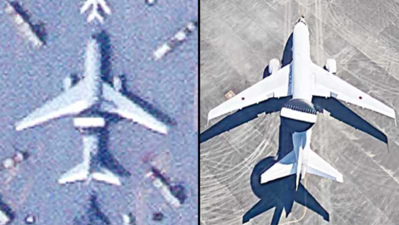 Bên trái: Mô hình máy bay ở Tân Cương (Trung Quốc). Bên phải: Máy bay chiến lược E-767 của Nhật Bản ở căn cứ không quân Hamamatsu (ảnh chụp màn hình Google Earth).
