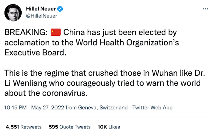 Ông Hillel Neuer, giám đốc điều hành Tổ chức Theo dõi Liên Hợp Quốc, thông báo về việc Trung Quốc được bầu vào ban chấp hành Tổ chức Y tế Thế giới (ảnh chụp màn hình Twitter).