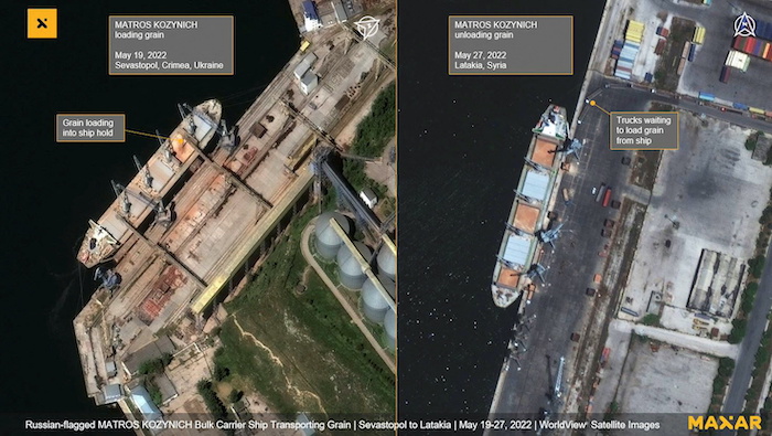 Ảnh vệ tinh cho thấy tàu Nga chở ngũ cốc Ukraine sang Syria, đồng minh của Nga (ảnh: Maxar).